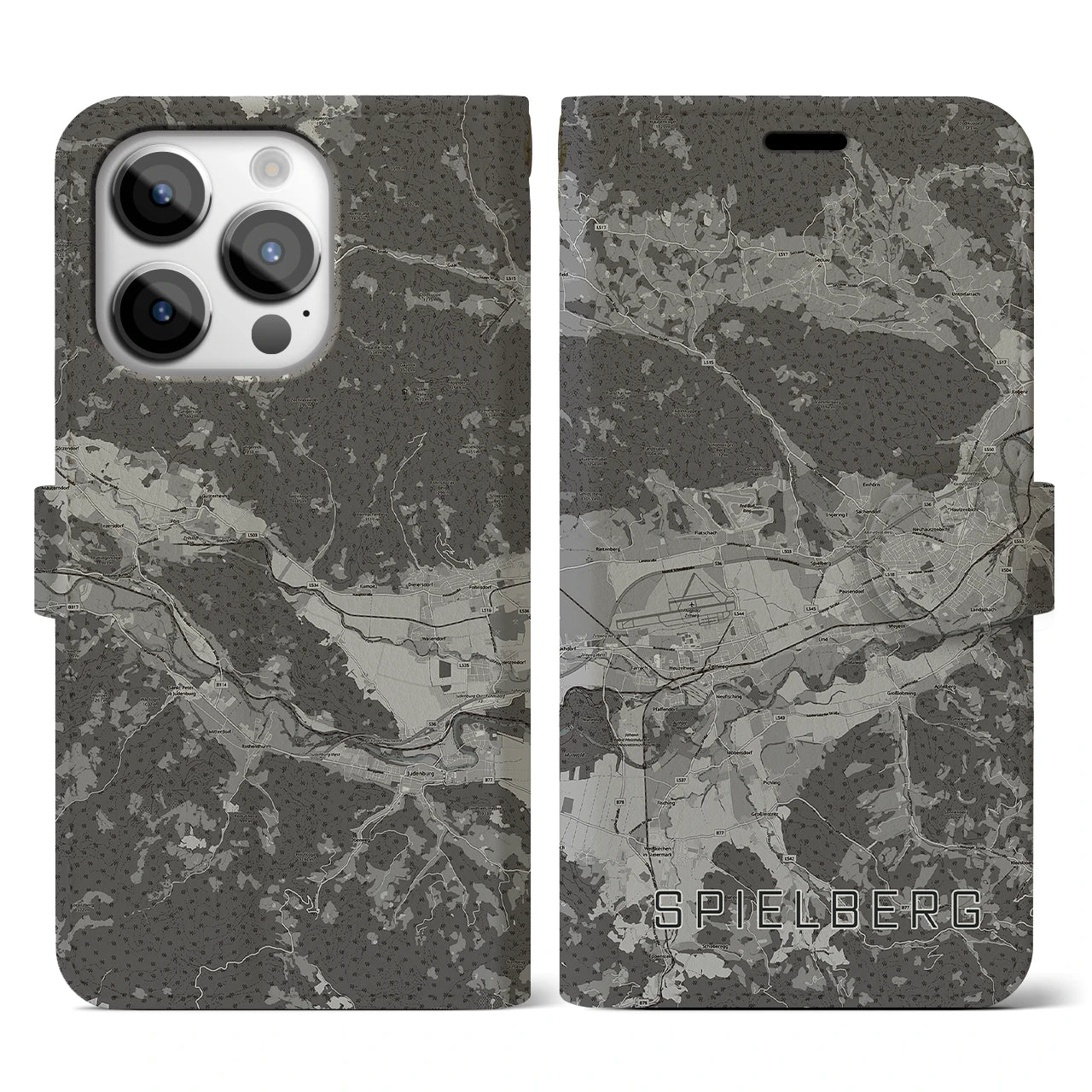 【シュピールベルク(オーストリア)】地図柄iPhoneケース(手帳タイプ)モノトーン・iPhone 14 Pro 用
