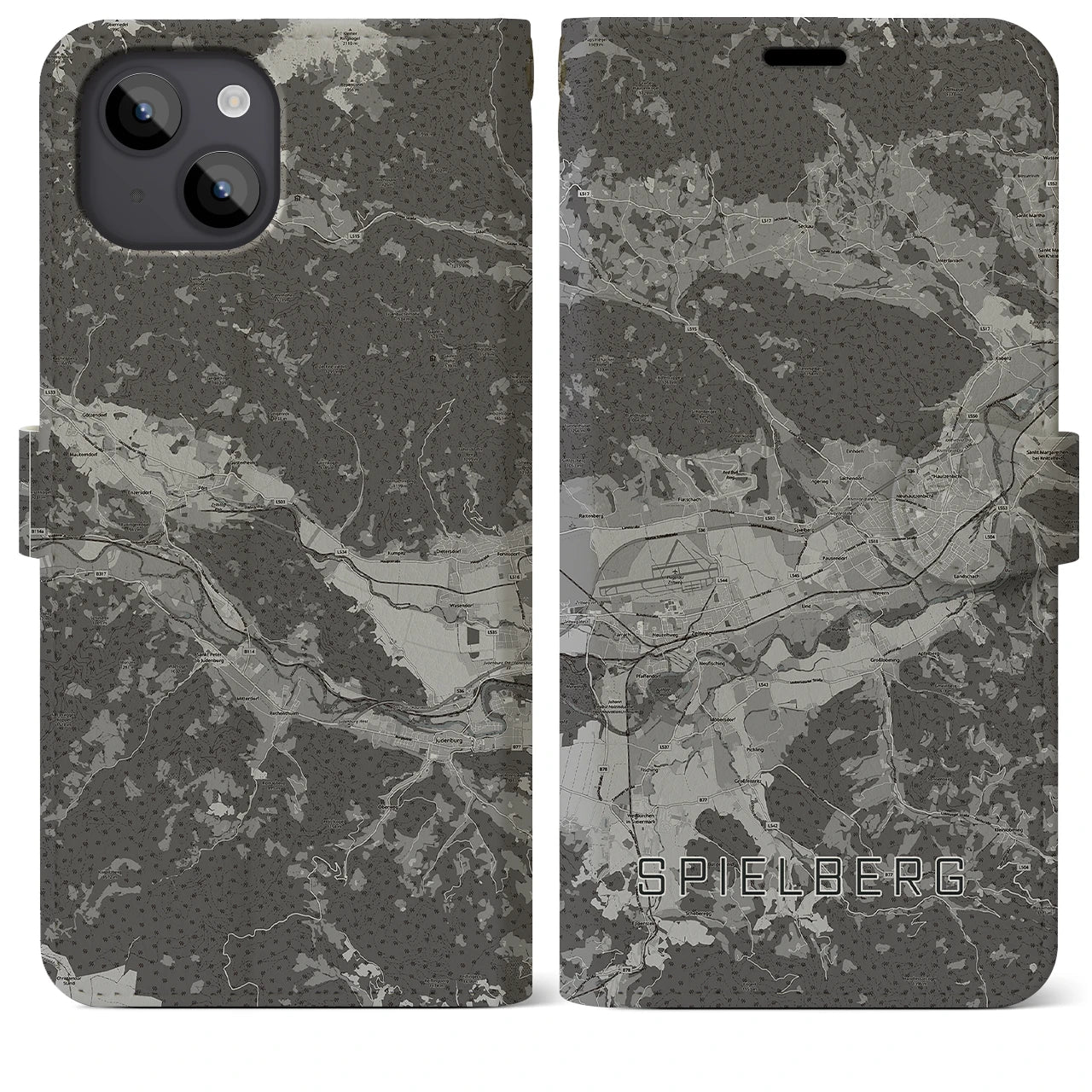 【シュピールベルク(オーストリア)】地図柄iPhoneケース(手帳タイプ)モノトーン・iPhone 14 Plus 用