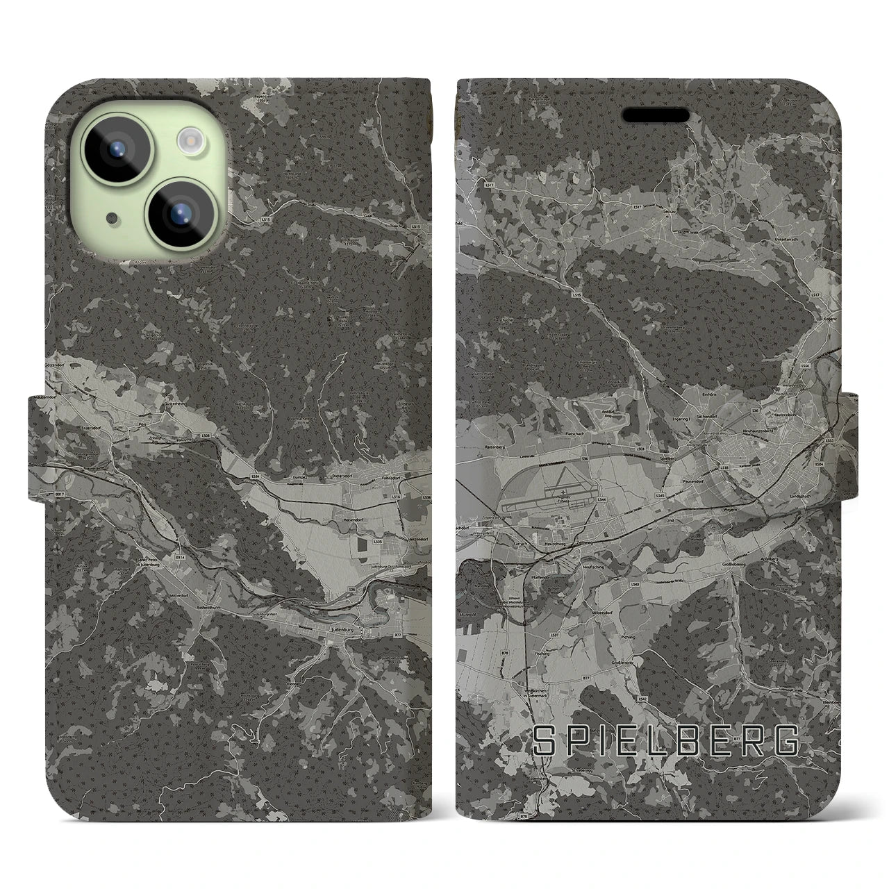 【シュピールベルク(オーストリア)】地図柄iPhoneケース(手帳タイプ)モノトーン・iPhone 15 用