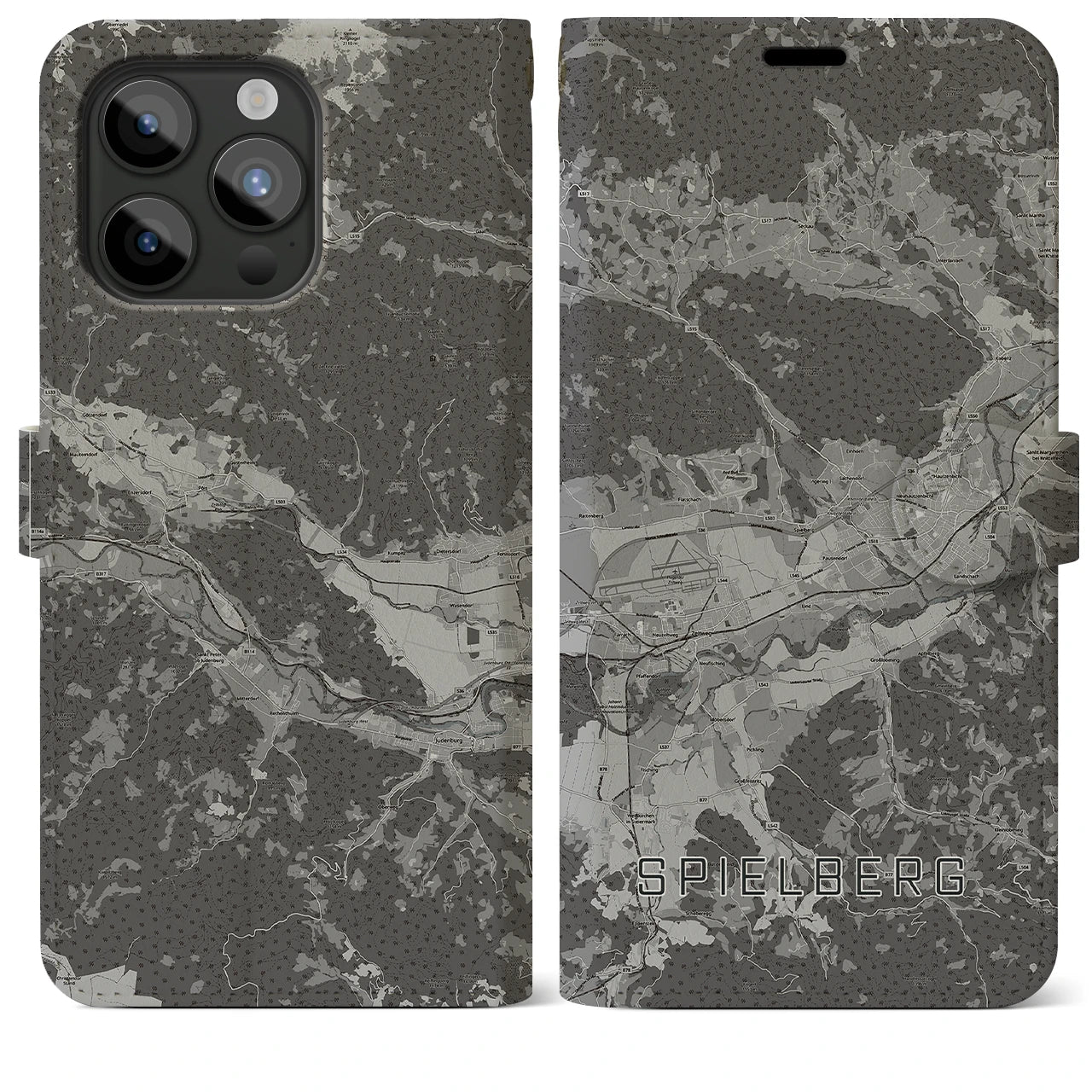 【シュピールベルク(オーストリア)】地図柄iPhoneケース(手帳タイプ)モノトーン・iPhone 15 Pro Max 用