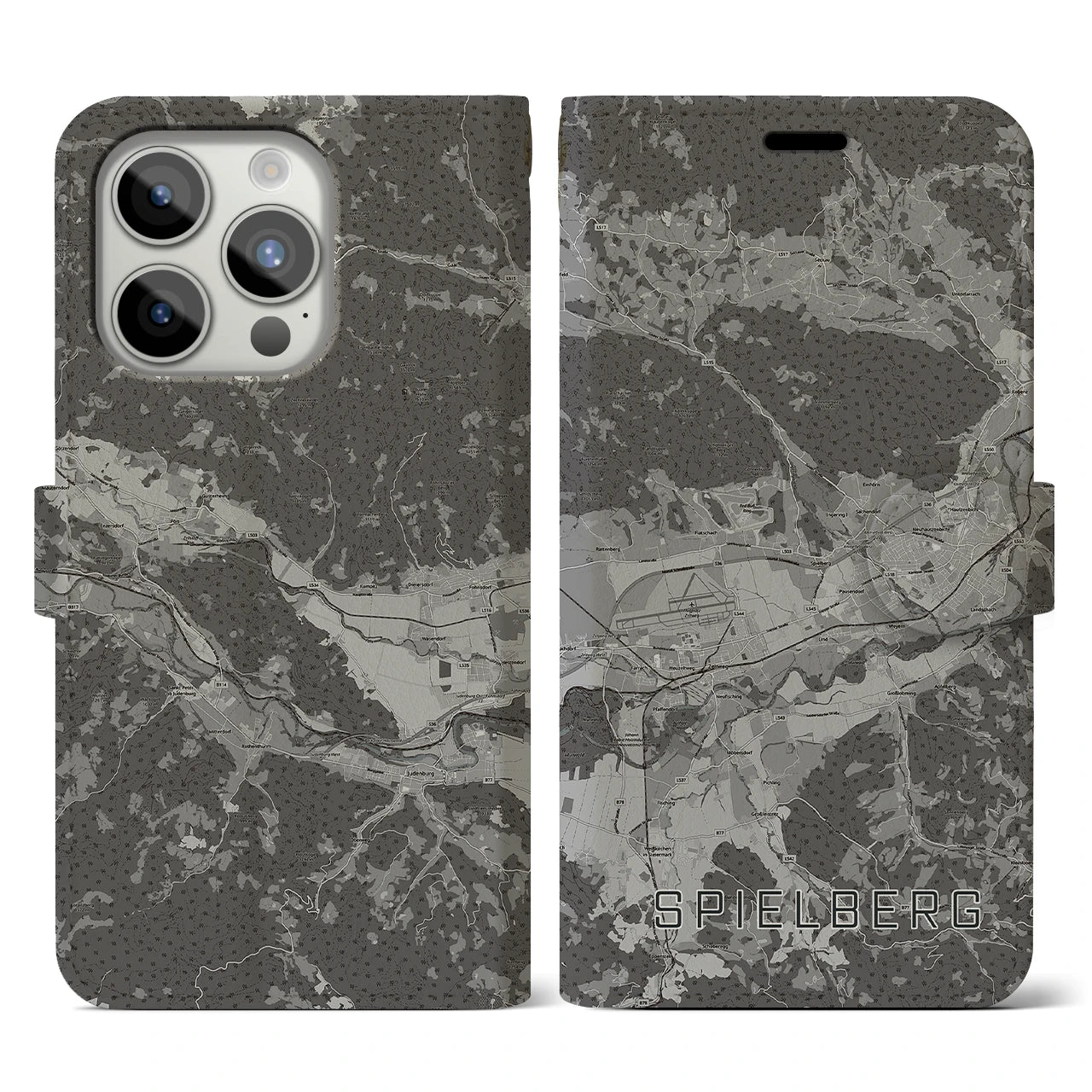 【シュピールベルク(オーストリア)】地図柄iPhoneケース(手帳タイプ)モノトーン・iPhone 15 Pro 用