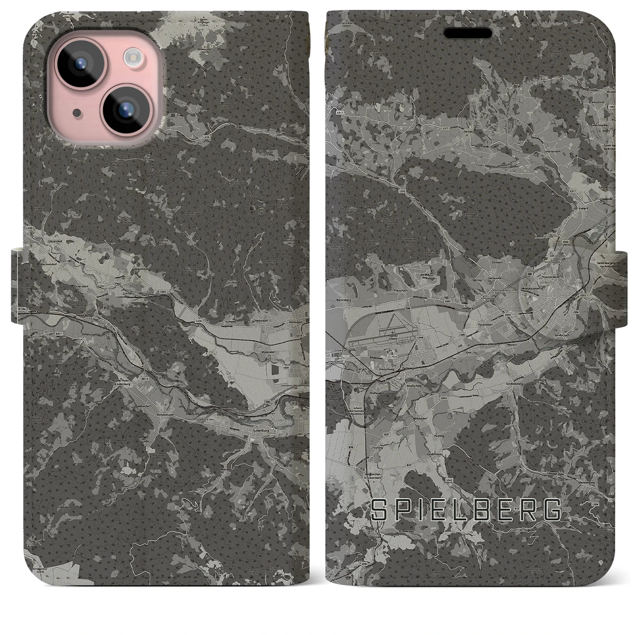 【シュピールベルク(オーストリア)】地図柄iPhoneケース(手帳タイプ)モノトーン・iPhone 15 Plus 用