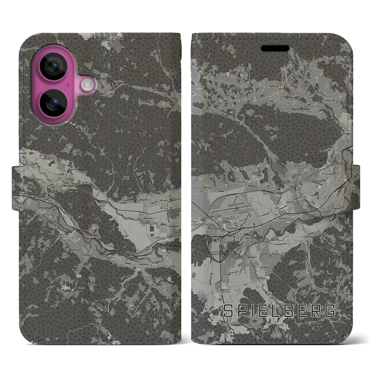【シュピールベルク(オーストリア)】地図柄iPhoneケース(手帳タイプ)モノトーン・iPhone 16 Pro 用