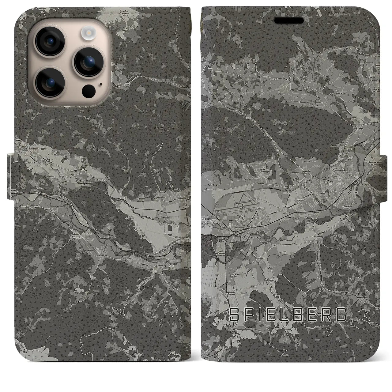 【シュピールベルク(オーストリア)】地図柄iPhoneケース(手帳タイプ)モノトーン・iPhone 16 Plus 用