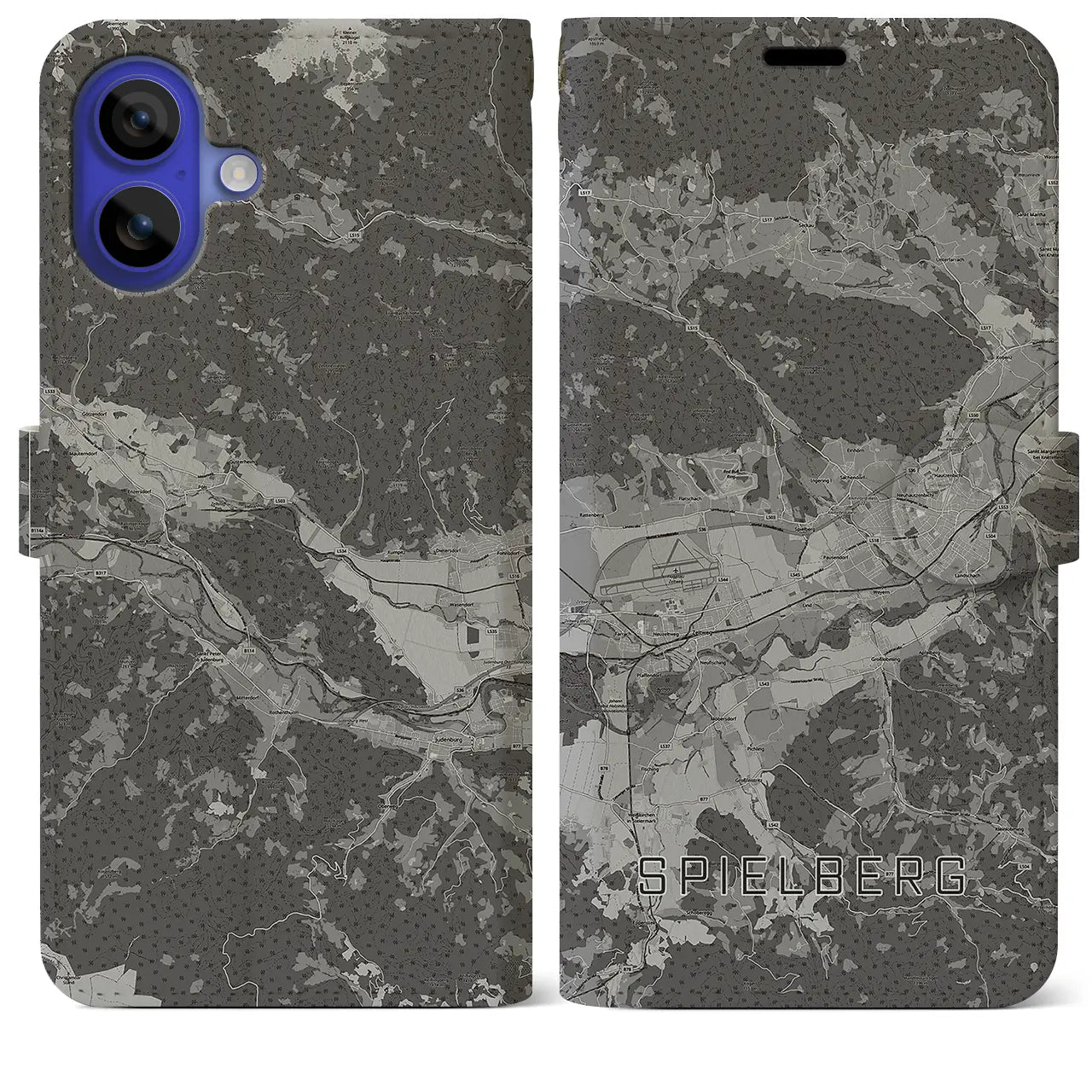 【シュピールベルク(オーストリア)】地図柄iPhoneケース(手帳タイプ)モノトーン・iPhone 16 Pro Max 用