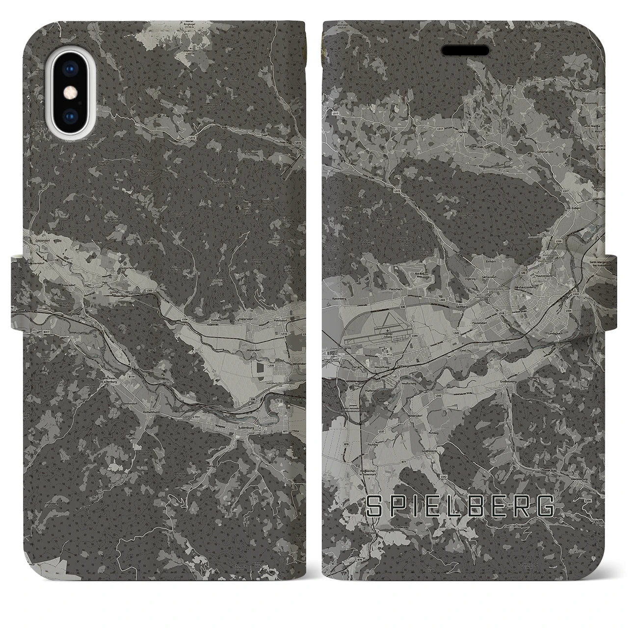 【シュピールベルク(オーストリア)】地図柄iPhoneケース(手帳タイプ)モノトーン・iPhone XS Max 用