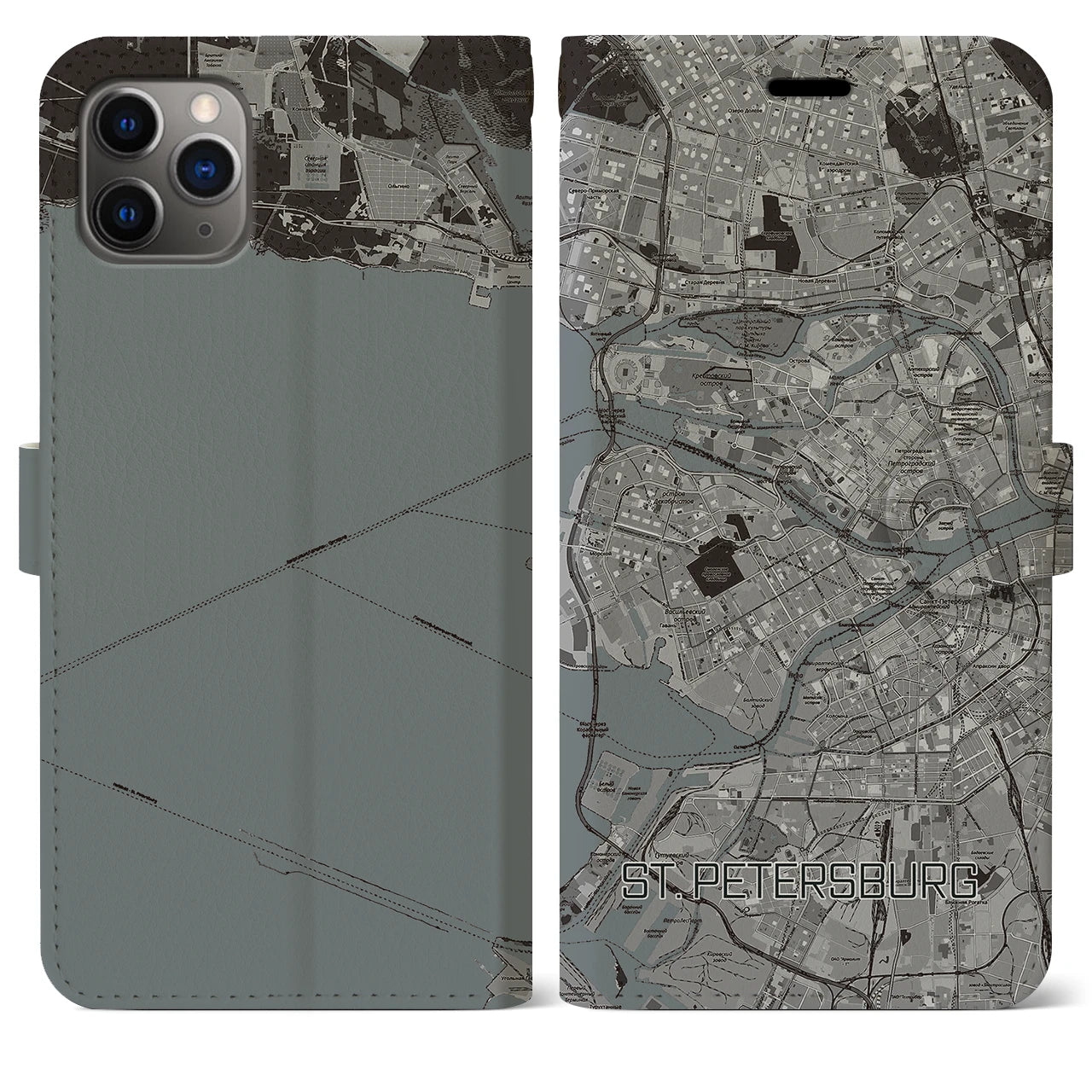 【サンクトペテルブルク(ロシア)】地図柄iPhoneケース(手帳タイプ)モノトーン・iPhone 11 Pro Max 用