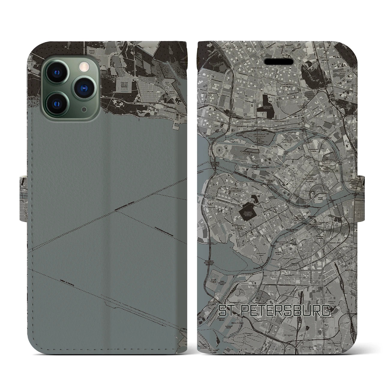 【サンクトペテルブルク(ロシア)】地図柄iPhoneケース(手帳タイプ)モノトーン・iPhone 11 Pro 用