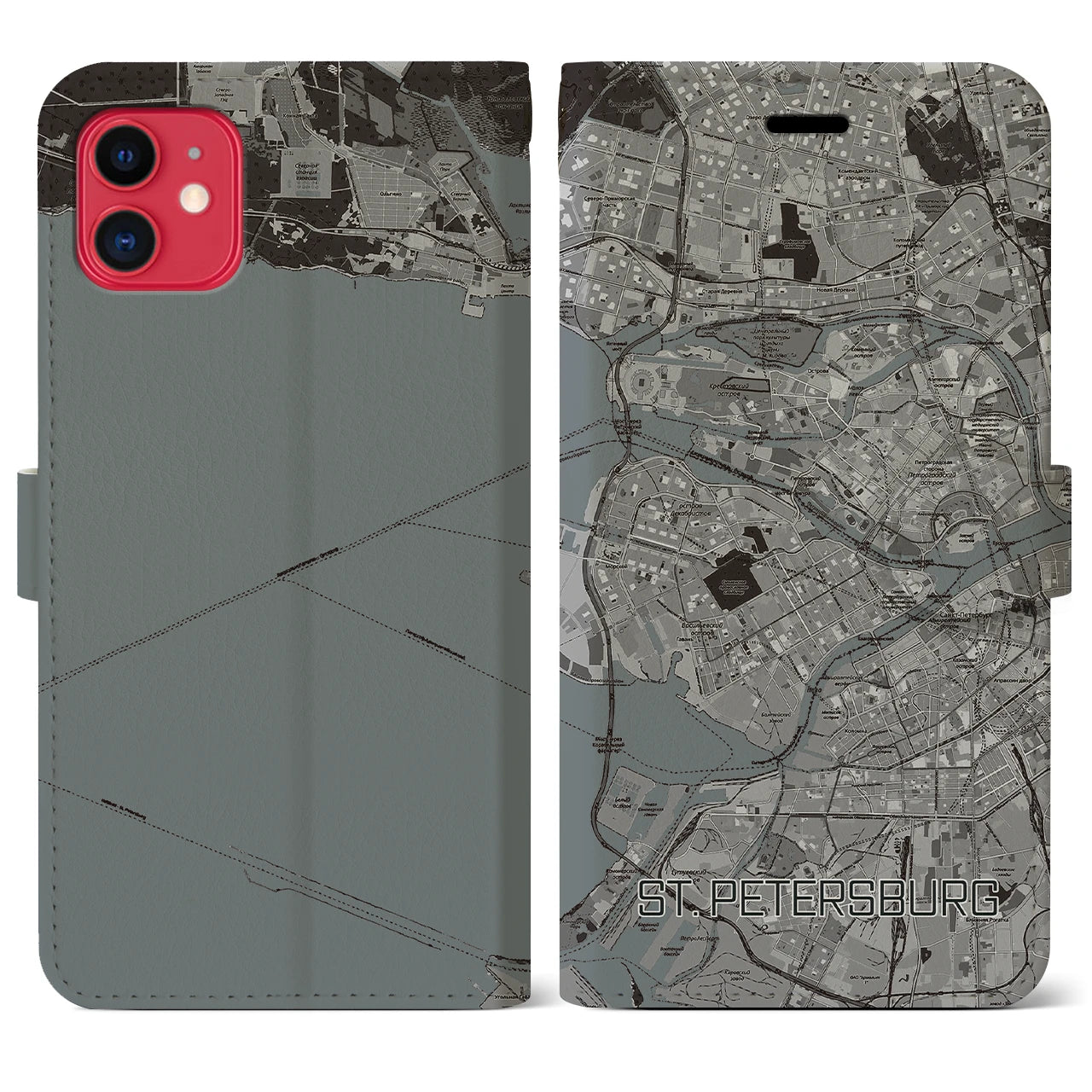 【サンクトペテルブルク(ロシア)】地図柄iPhoneケース(手帳タイプ)モノトーン・iPhone 11 用