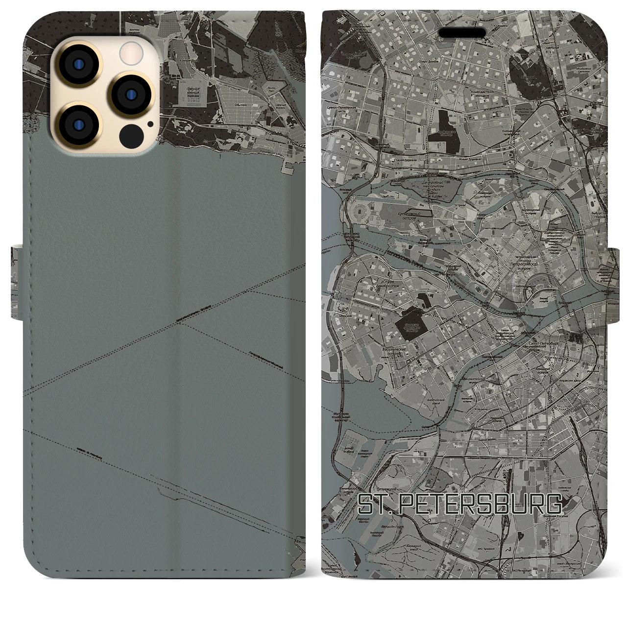 【サンクトペテルブルク(ロシア)】地図柄iPhoneケース(手帳タイプ)モノトーン・iPhone 12 Pro Max 用