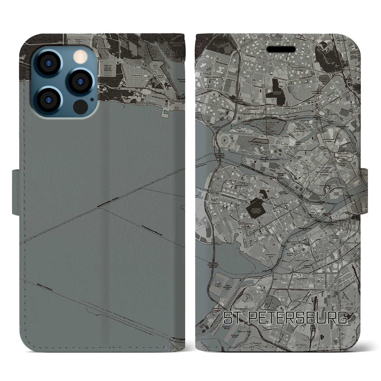 【サンクトペテルブルク(ロシア)】地図柄iPhoneケース(手帳タイプ)モノトーン・iPhone 12 / 12 Pro 用