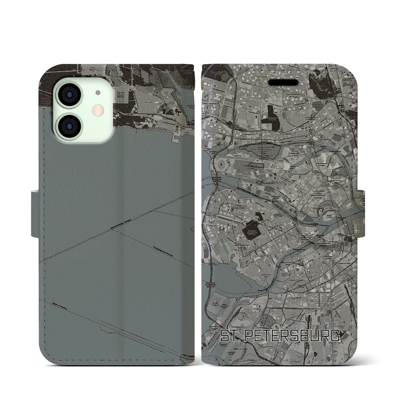 【サンクトペテルブルク(ロシア)】地図柄iPhoneケース(手帳タイプ)モノトーン・iPhone 12 mini 用