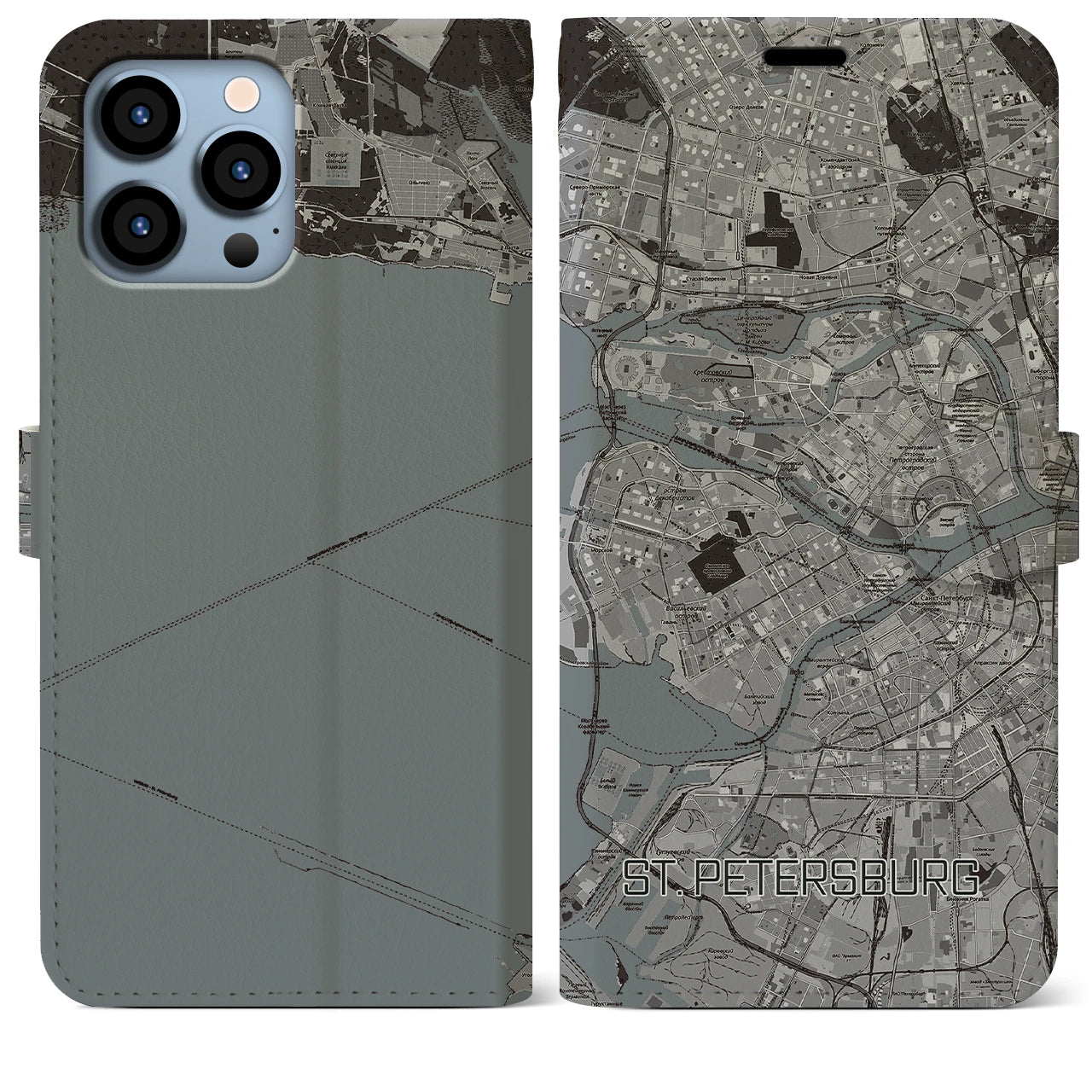 【サンクトペテルブルク(ロシア)】地図柄iPhoneケース(手帳タイプ)モノトーン・iPhone 13 Pro Max 用