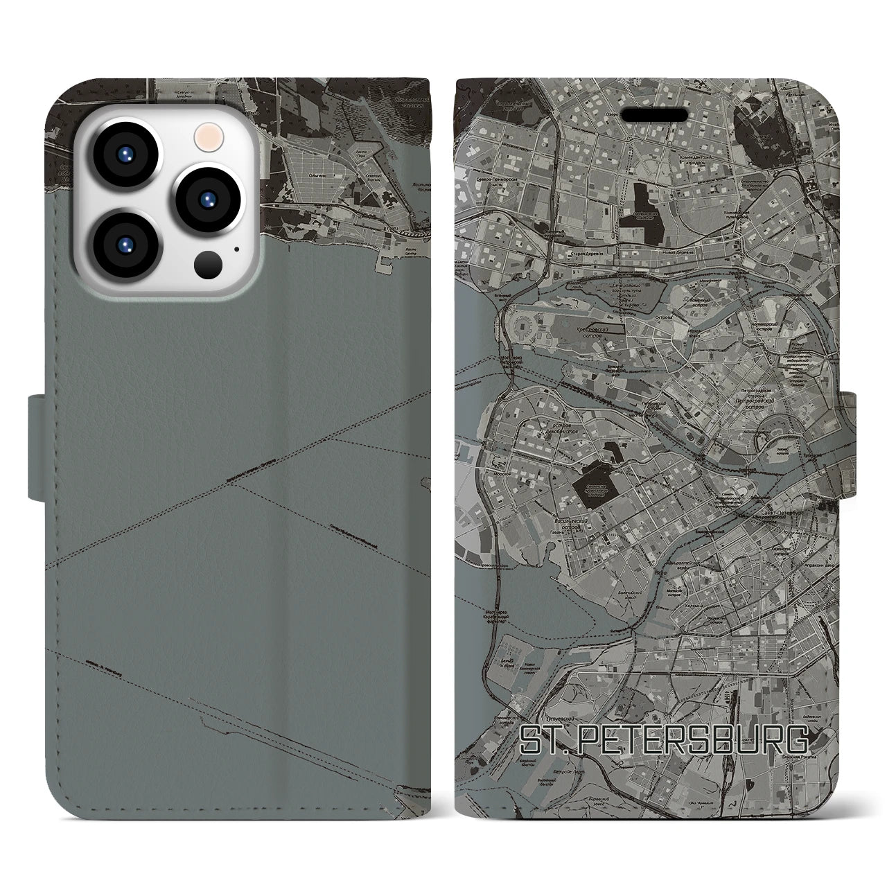 【サンクトペテルブルク(ロシア)】地図柄iPhoneケース(手帳タイプ)モノトーン・iPhone 13 Pro 用