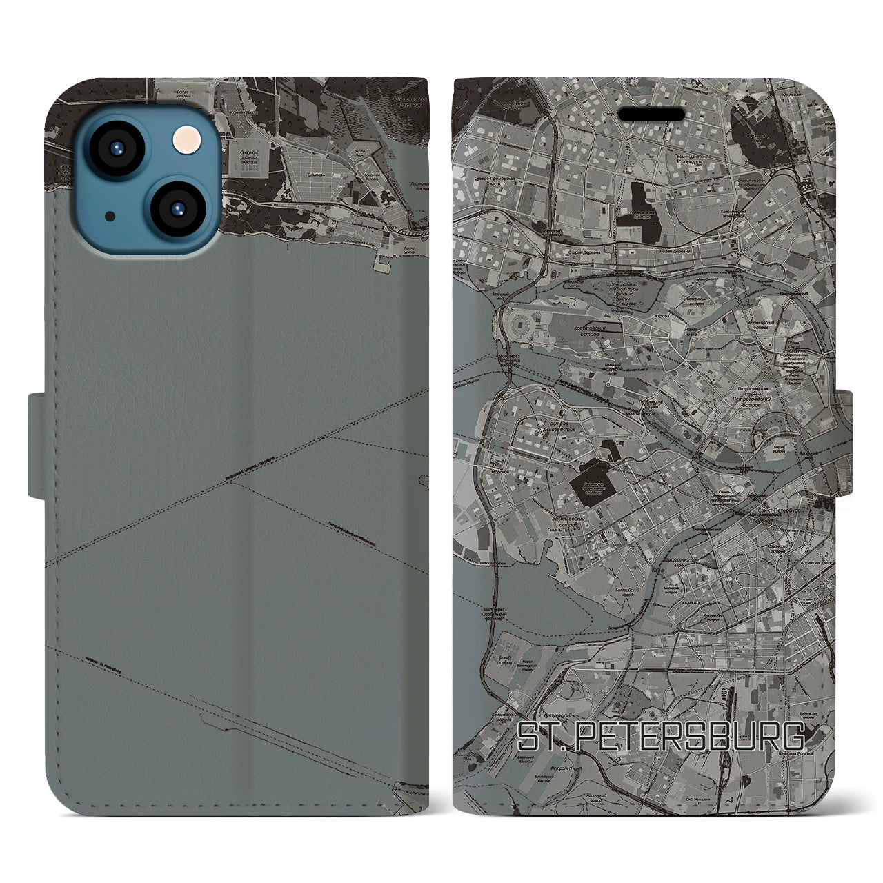 【サンクトペテルブルク(ロシア)】地図柄iPhoneケース(手帳タイプ)モノトーン・iPhone 13 用