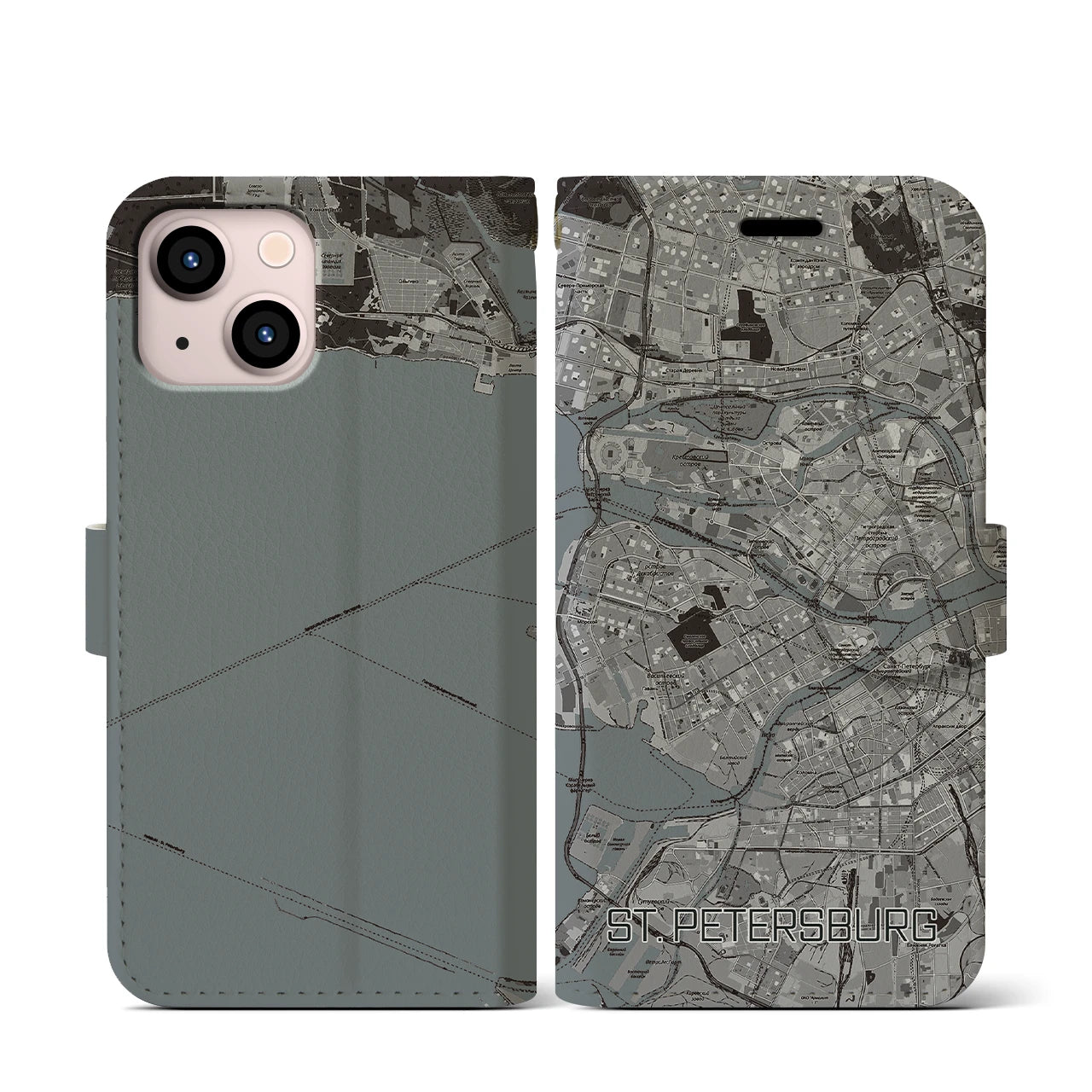 【サンクトペテルブルク(ロシア)】地図柄iPhoneケース(手帳タイプ)モノトーン・iPhone 13 mini 用