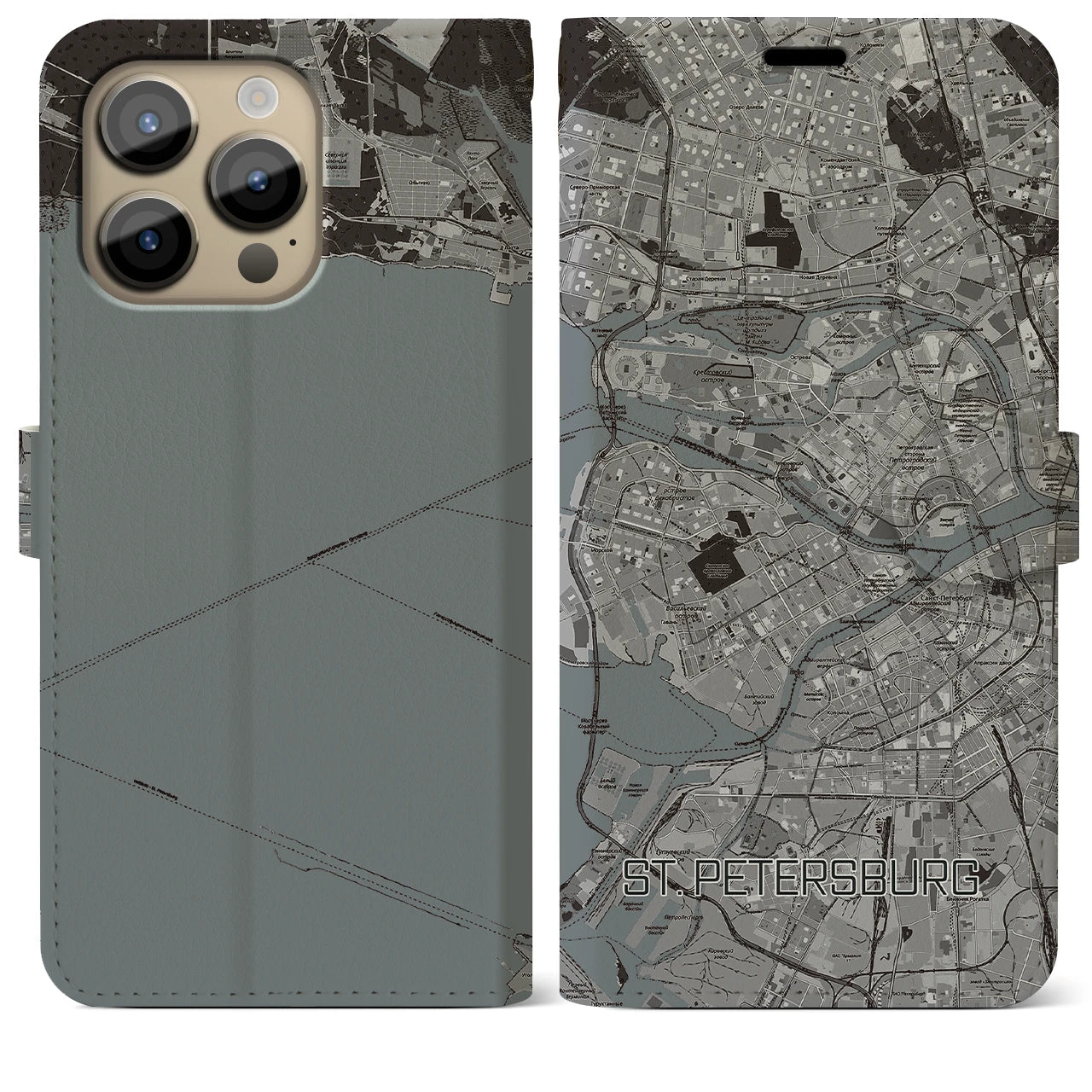 【サンクトペテルブルク(ロシア)】地図柄iPhoneケース(手帳タイプ)モノトーン・iPhone 14 Pro Max 用