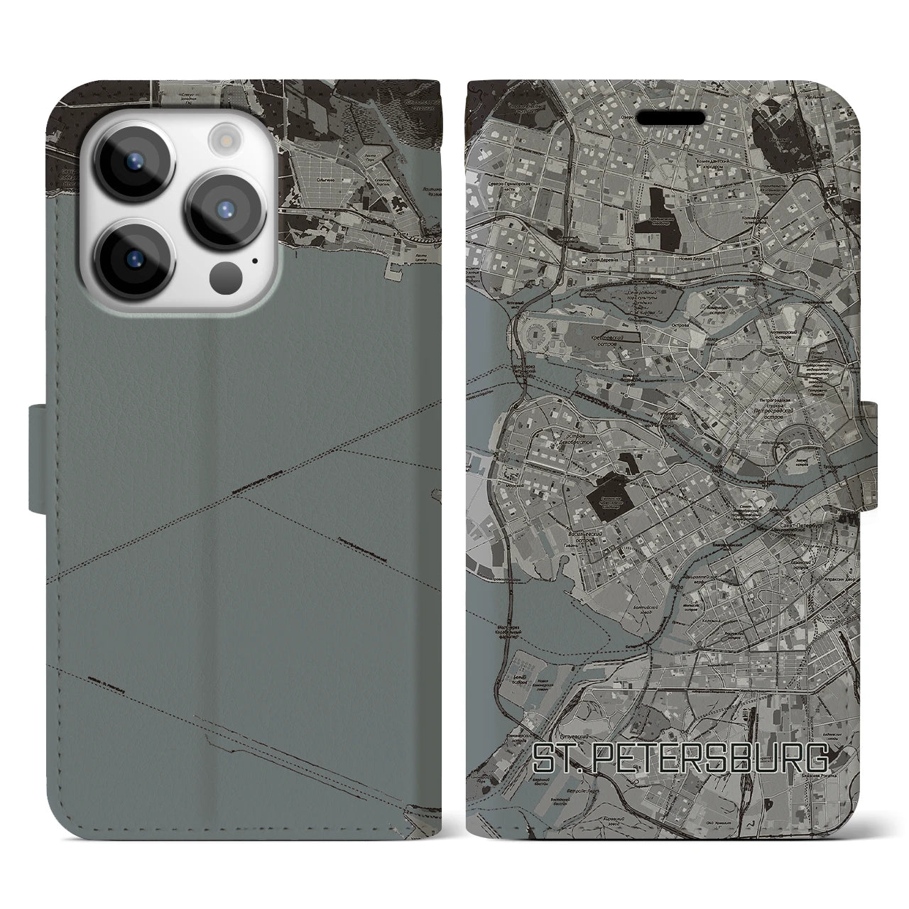【サンクトペテルブルク(ロシア)】地図柄iPhoneケース(手帳タイプ)モノトーン・iPhone 14 Pro 用