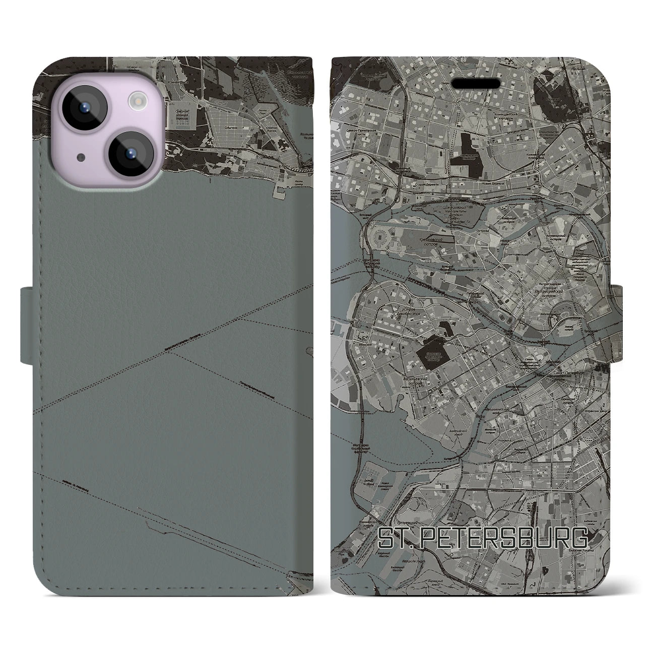 【サンクトペテルブルク(ロシア)】地図柄iPhoneケース(手帳タイプ)モノトーン・iPhone 14 用