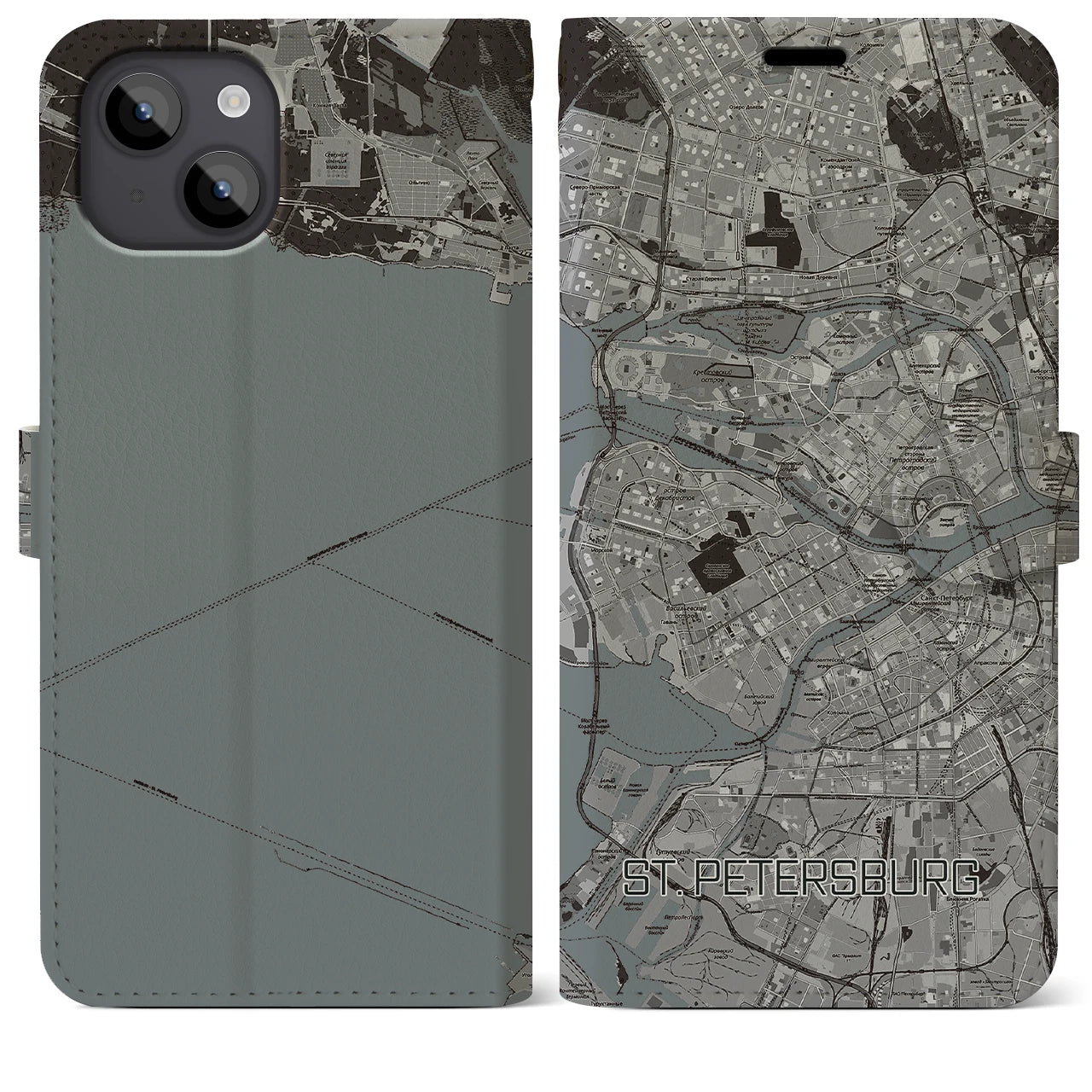 【サンクトペテルブルク(ロシア)】地図柄iPhoneケース(手帳タイプ)モノトーン・iPhone 14 Plus 用