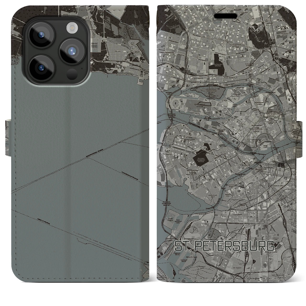 【サンクトペテルブルク(ロシア)】地図柄iPhoneケース(手帳タイプ)モノトーン・iPhone 15 Pro Max 用