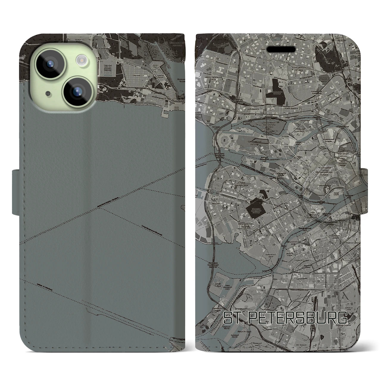 【サンクトペテルブルク(ロシア)】地図柄iPhoneケース(手帳タイプ)モノトーン・iPhone 15 用