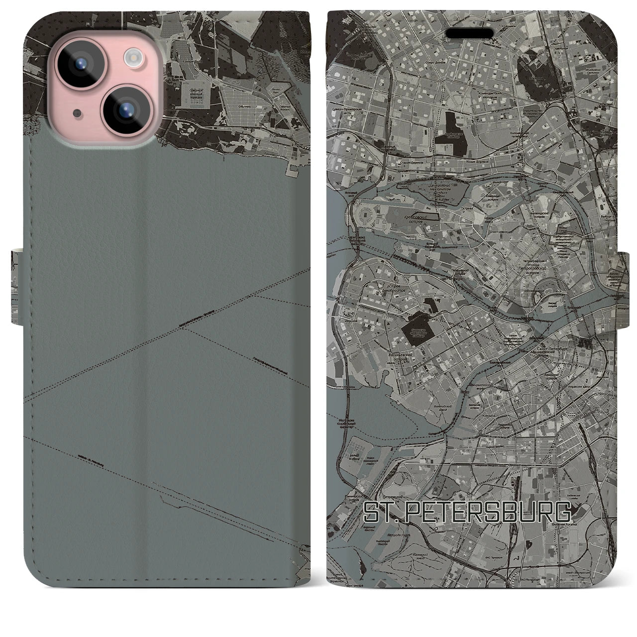 【サンクトペテルブルク(ロシア)】地図柄iPhoneケース(手帳タイプ)モノトーン・iPhone 15 Plus 用