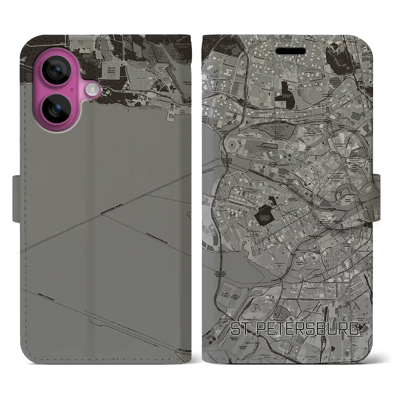 【サンクトペテルブルク(ロシア)】地図柄iPhoneケース(手帳タイプ)モノトーン・iPhone 16 Pro 用