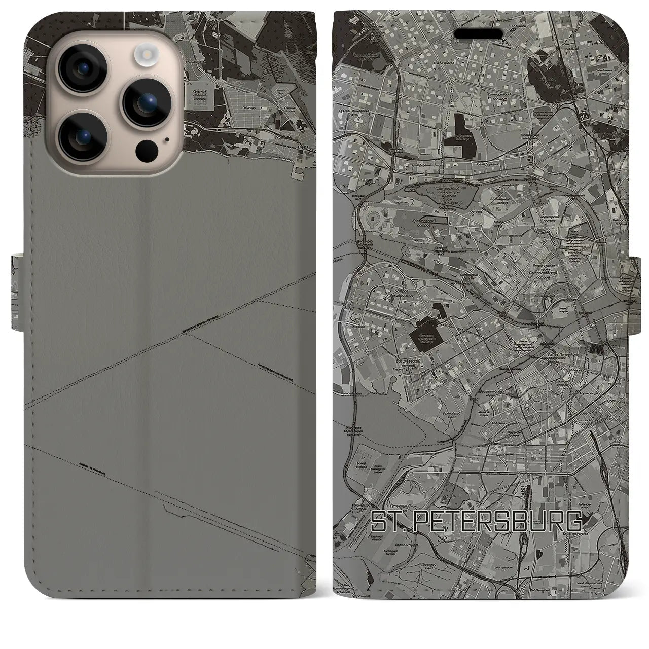 【サンクトペテルブルク(ロシア)】地図柄iPhoneケース(手帳タイプ)モノトーン・iPhone 16 Plus 用