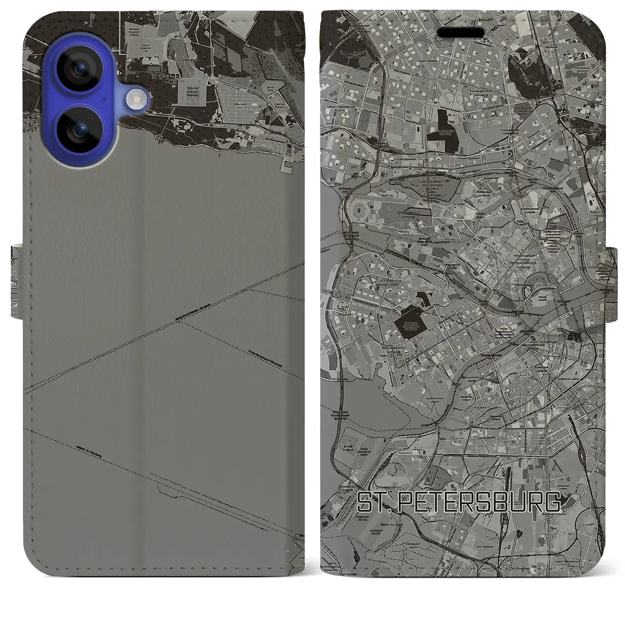 【サンクトペテルブルク(ロシア)】地図柄iPhoneケース(手帳タイプ)モノトーン・iPhone 16 Pro Max 用