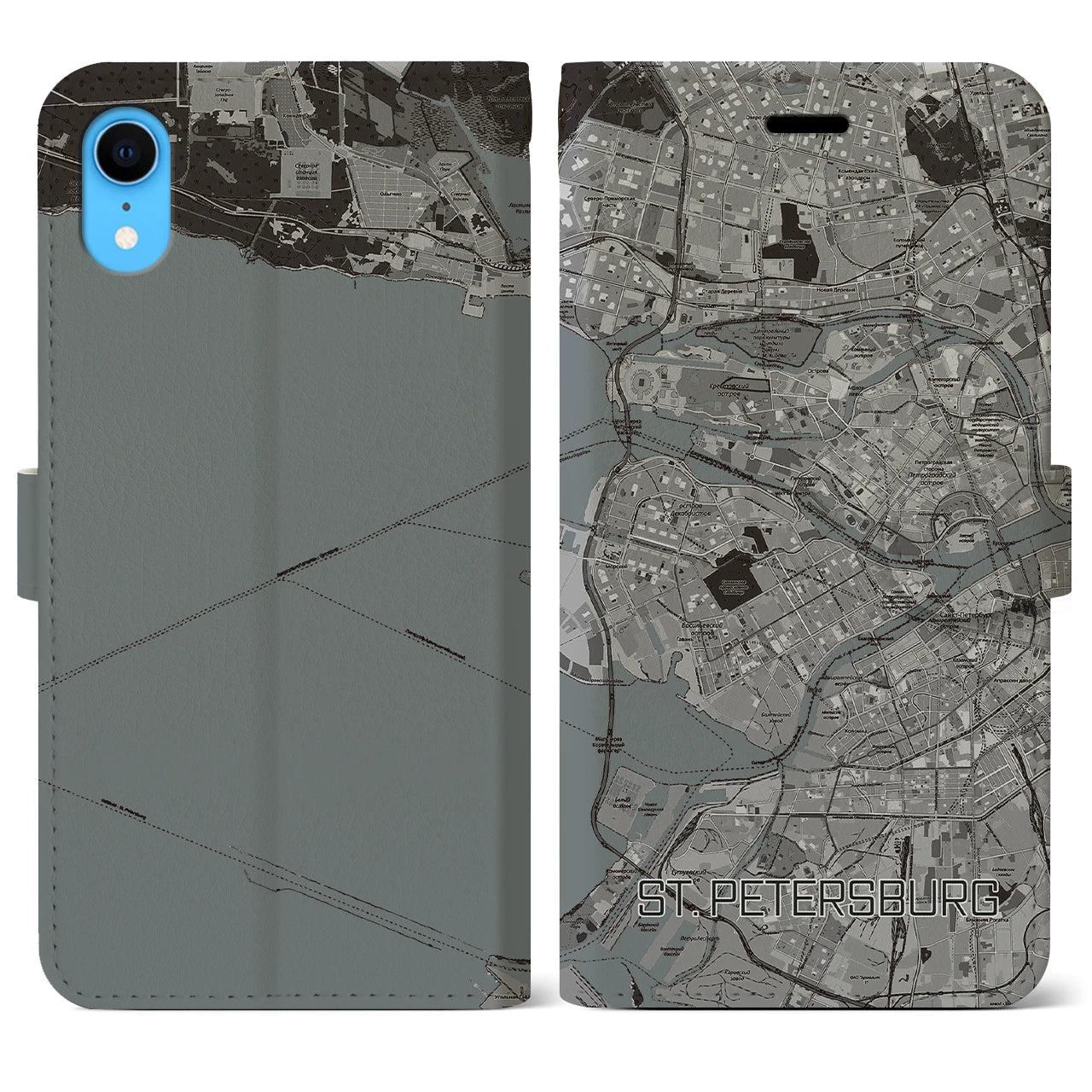 【サンクトペテルブルク(ロシア)】地図柄iPhoneケース(手帳タイプ)モノトーン・iPhone XR 用