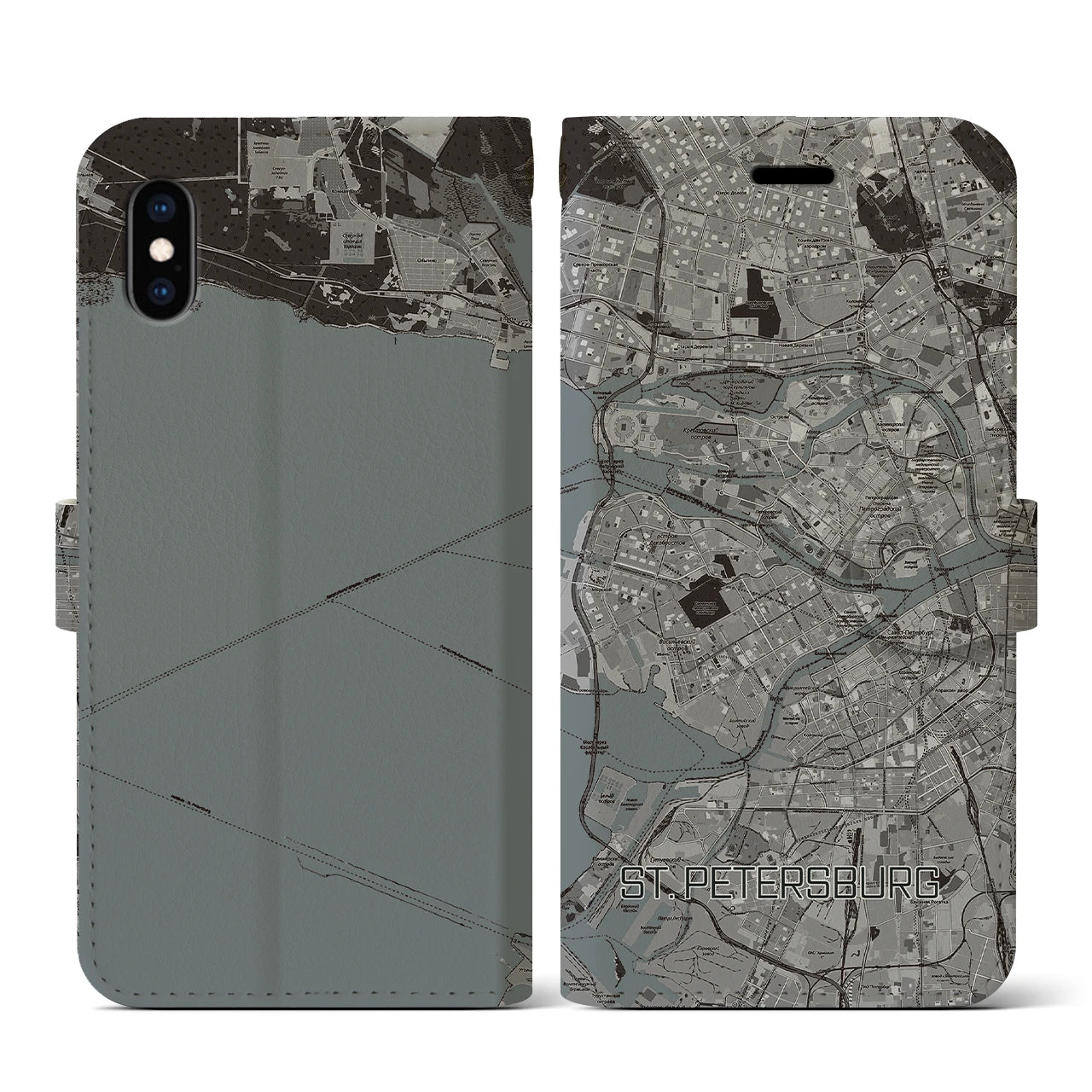【サンクトペテルブルク(ロシア)】地図柄iPhoneケース(手帳タイプ)モノトーン・iPhone XS / X 用