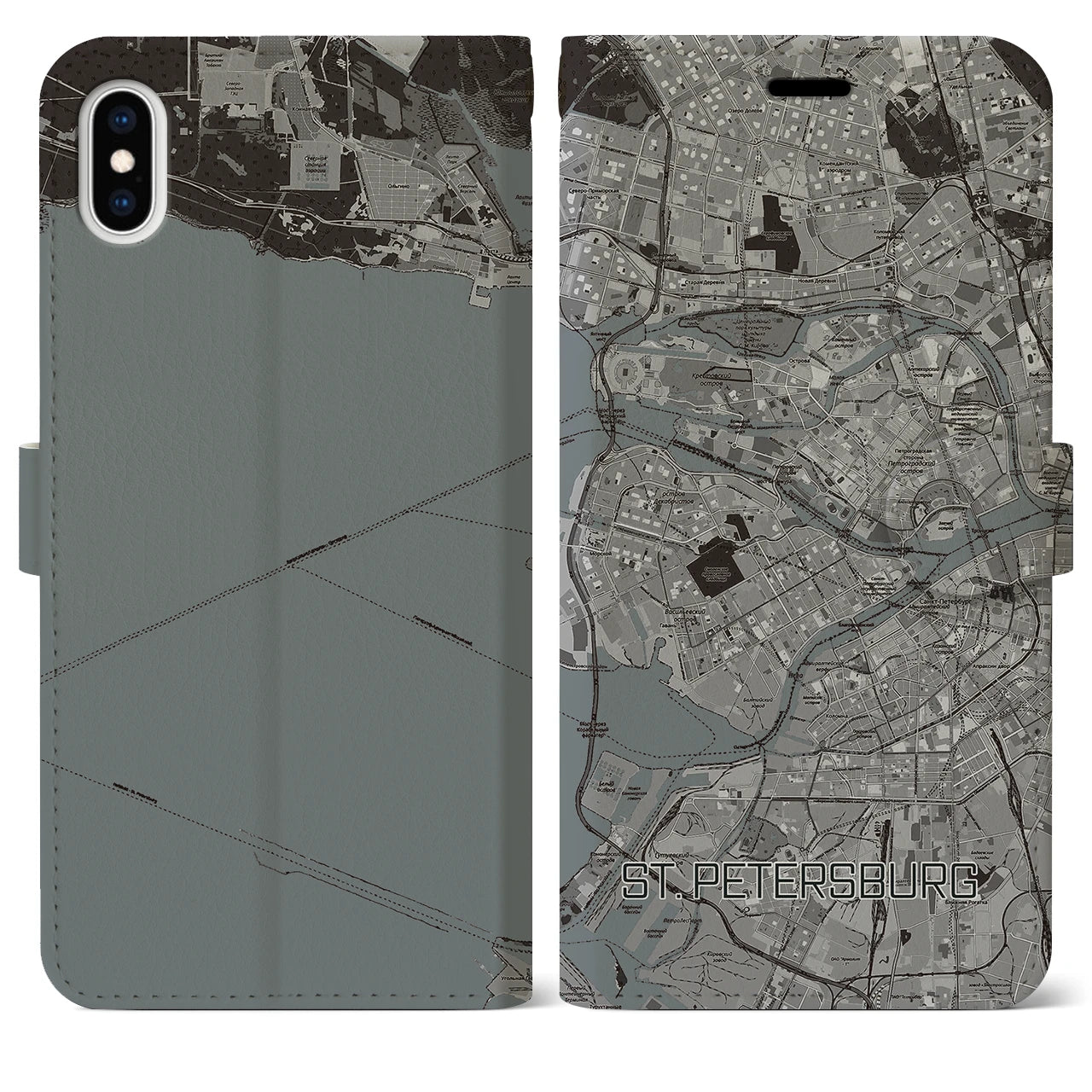【サンクトペテルブルク(ロシア)】地図柄iPhoneケース(手帳タイプ)モノトーン・iPhone XS Max 用