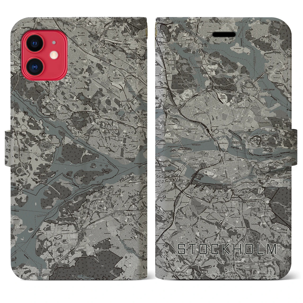 【ストックホルム(スウェーデン)】地図柄iPhoneケース(手帳タイプ)モノトーン・iPhone 11 用