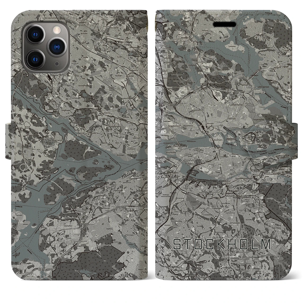 【ストックホルム(スウェーデン)】地図柄iPhoneケース(手帳タイプ)モノトーン・iPhone 11 Pro Max 用