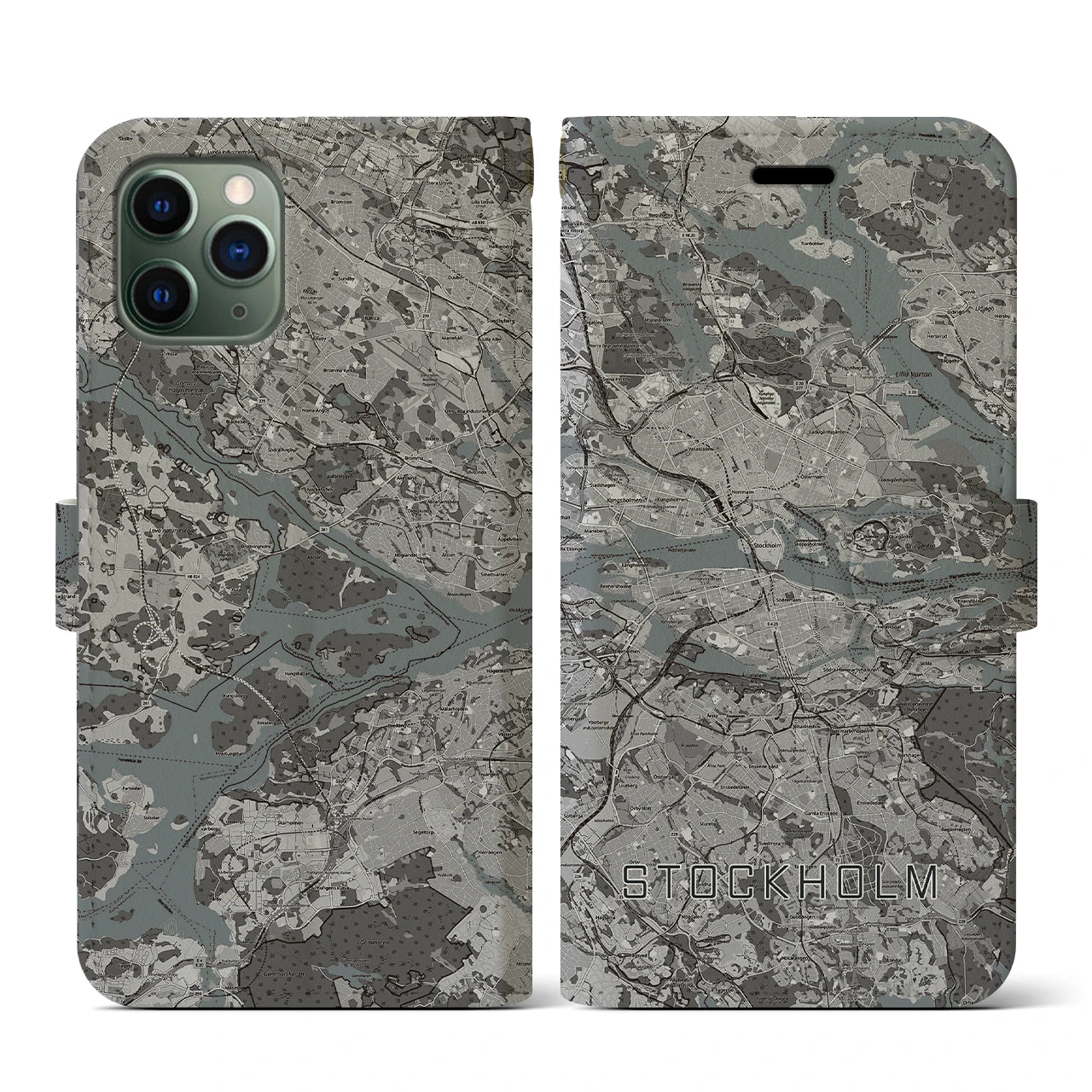 【ストックホルム(スウェーデン)】地図柄iPhoneケース(手帳タイプ)モノトーン・iPhone 11 Pro 用