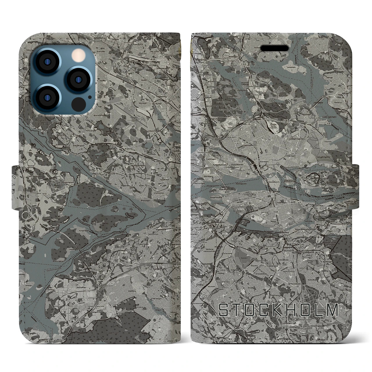 【ストックホルム(スウェーデン)】地図柄iPhoneケース(手帳タイプ)モノトーン・iPhone 12 / 12 Pro 用