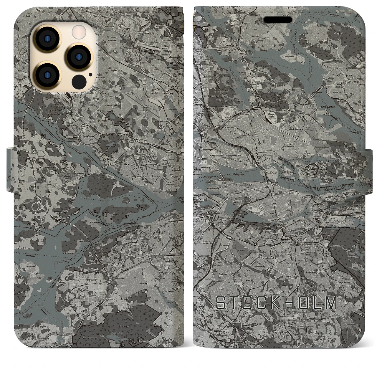 【ストックホルム(スウェーデン)】地図柄iPhoneケース(手帳タイプ)モノトーン・iPhone 12 Pro Max 用