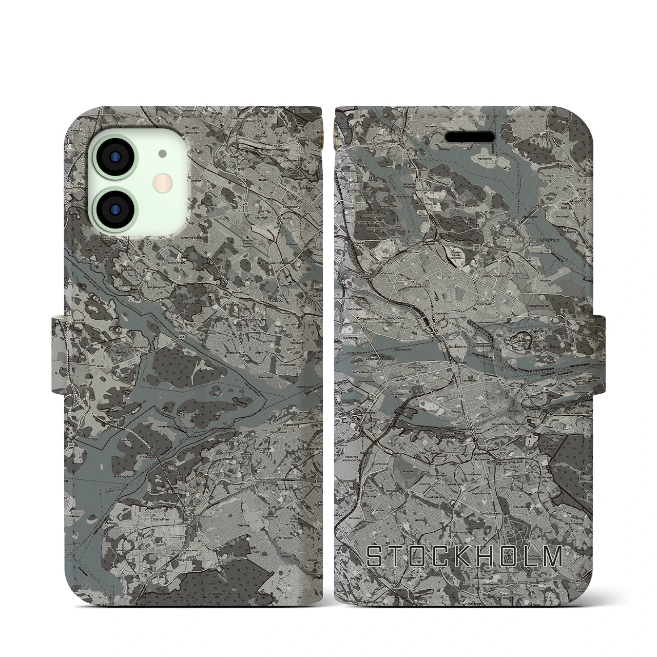 【ストックホルム(スウェーデン)】地図柄iPhoneケース(手帳タイプ)モノトーン・iPhone 12 mini 用