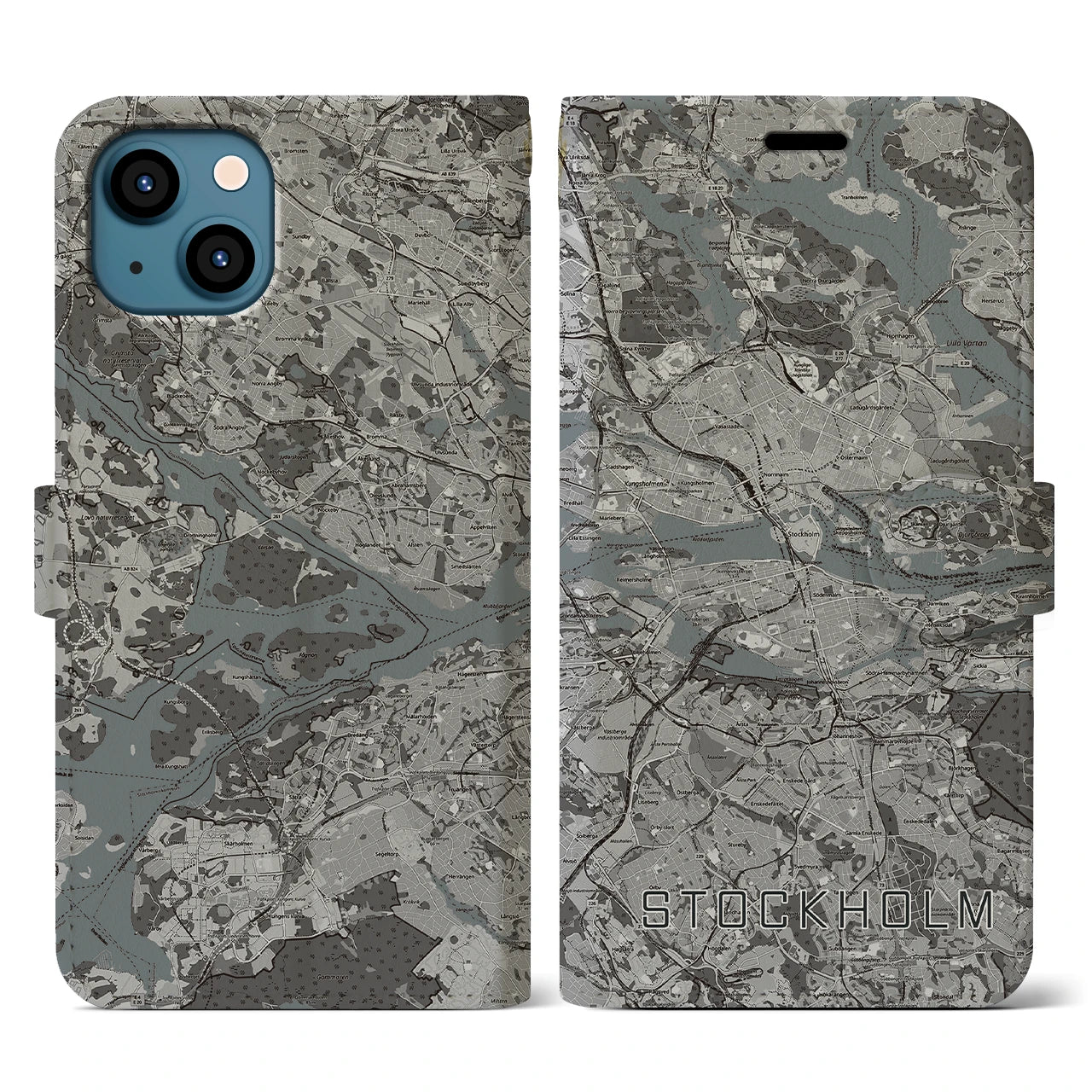 【ストックホルム(スウェーデン)】地図柄iPhoneケース(手帳タイプ)モノトーン・iPhone 13 用
