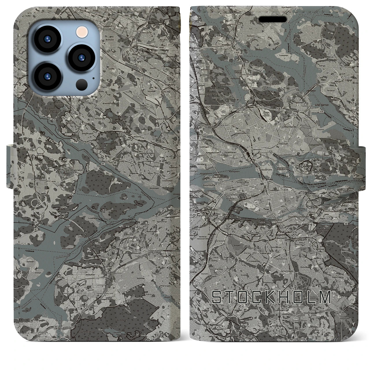 【ストックホルム(スウェーデン)】地図柄iPhoneケース(手帳タイプ)モノトーン・iPhone 13 Pro Max 用