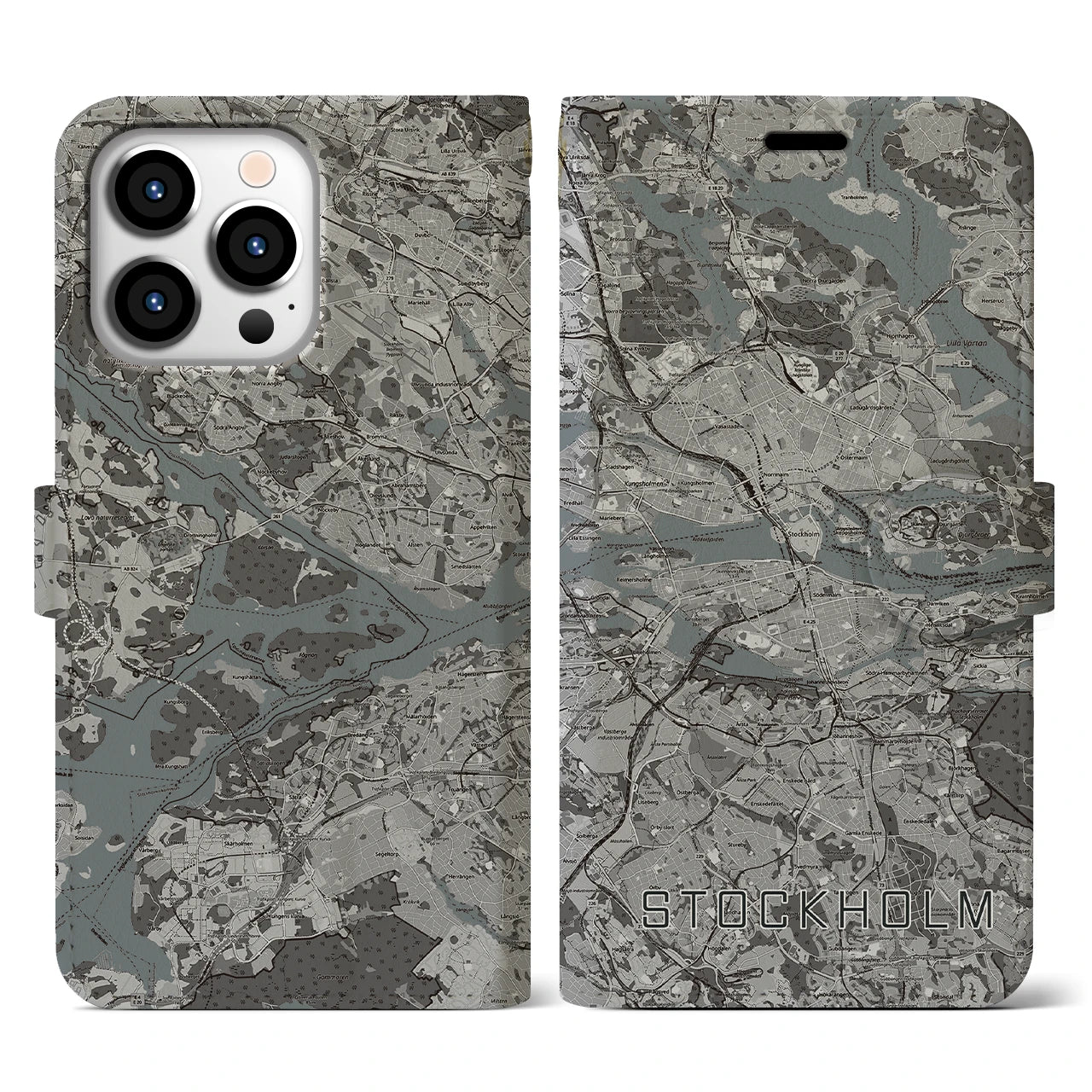 【ストックホルム(スウェーデン)】地図柄iPhoneケース(手帳タイプ)モノトーン・iPhone 13 Pro 用