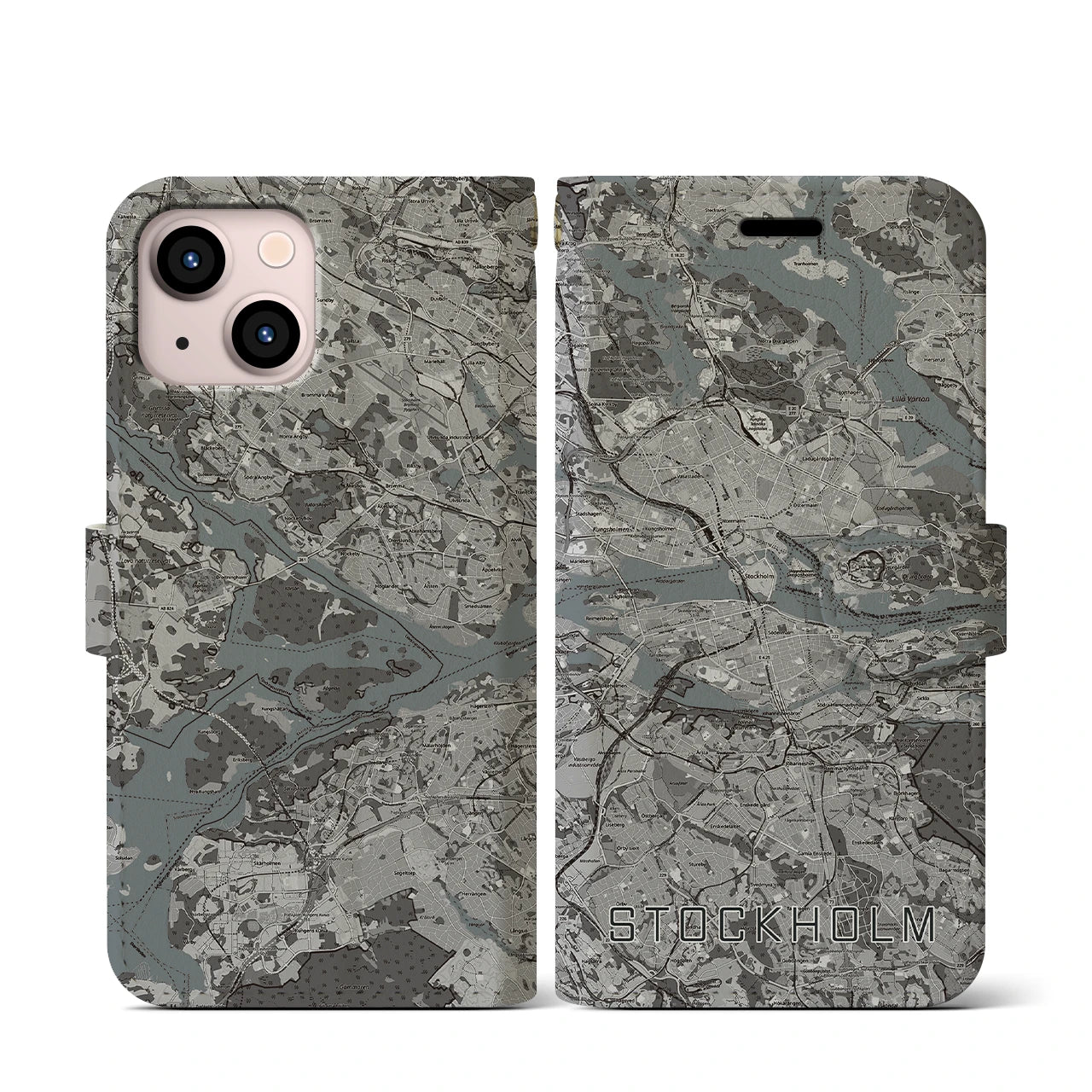 【ストックホルム(スウェーデン)】地図柄iPhoneケース(手帳タイプ)モノトーン・iPhone 13 mini 用