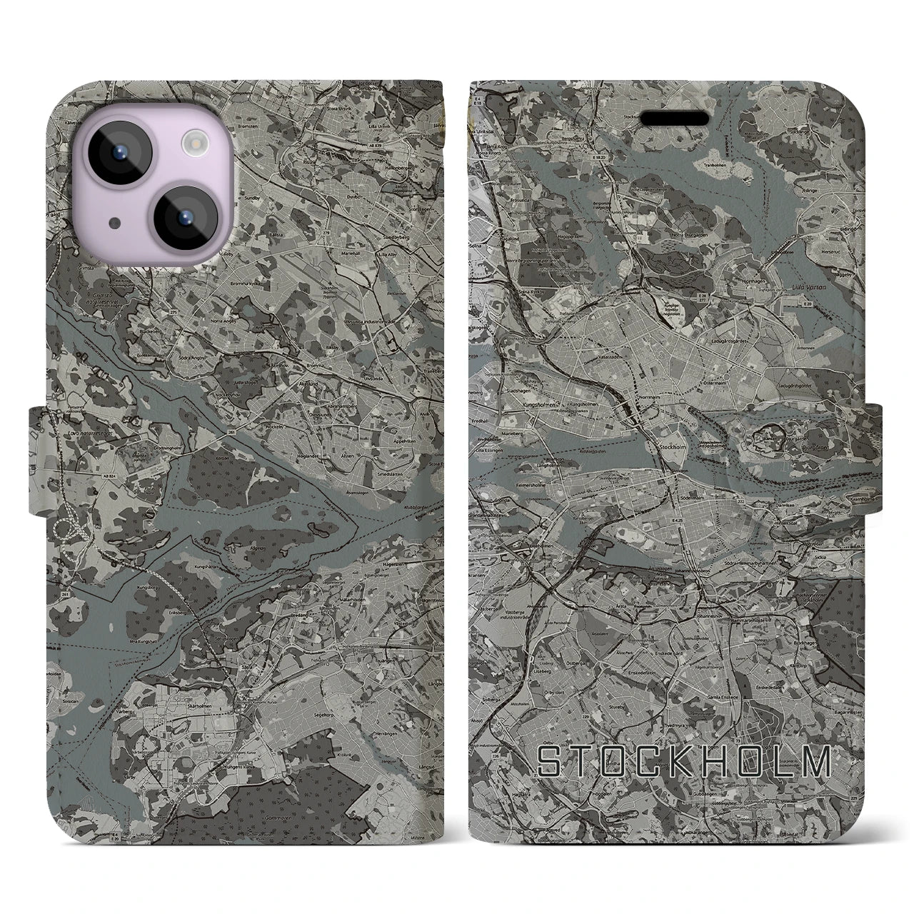 【ストックホルム(スウェーデン)】地図柄iPhoneケース(手帳タイプ)モノトーン・iPhone 14 用