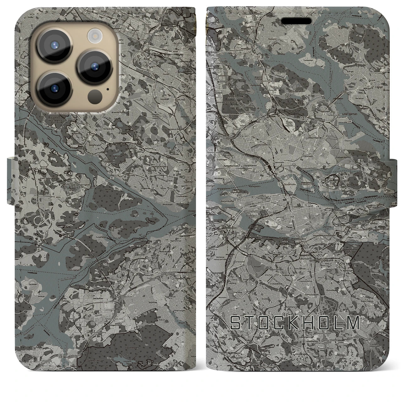 【ストックホルム(スウェーデン)】地図柄iPhoneケース(手帳タイプ)モノトーン・iPhone 14 Pro Max 用