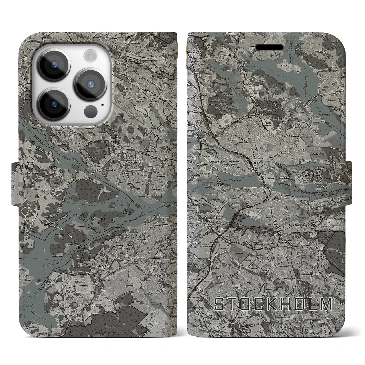 【ストックホルム(スウェーデン)】地図柄iPhoneケース(手帳タイプ)モノトーン・iPhone 14 Pro 用