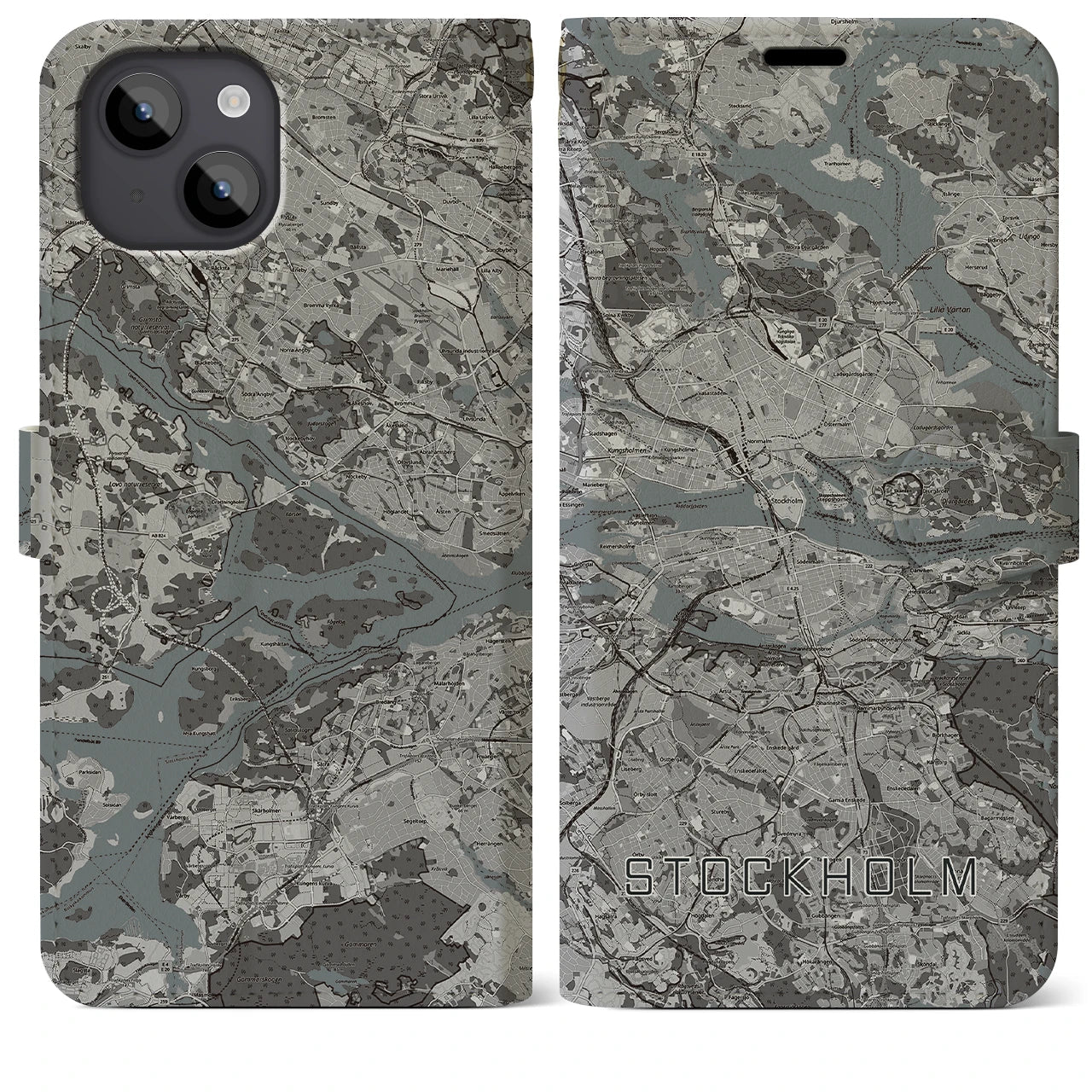 【ストックホルム(スウェーデン)】地図柄iPhoneケース(手帳タイプ)モノトーン・iPhone 14 Plus 用
