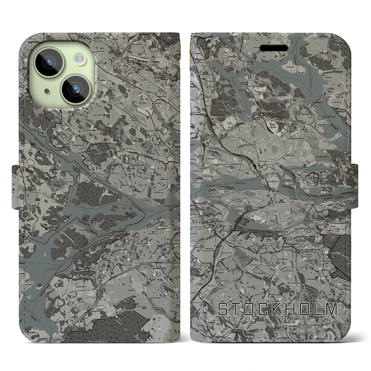 【ストックホルム(スウェーデン)】地図柄iPhoneケース(手帳タイプ)モノトーン・iPhone 15 用