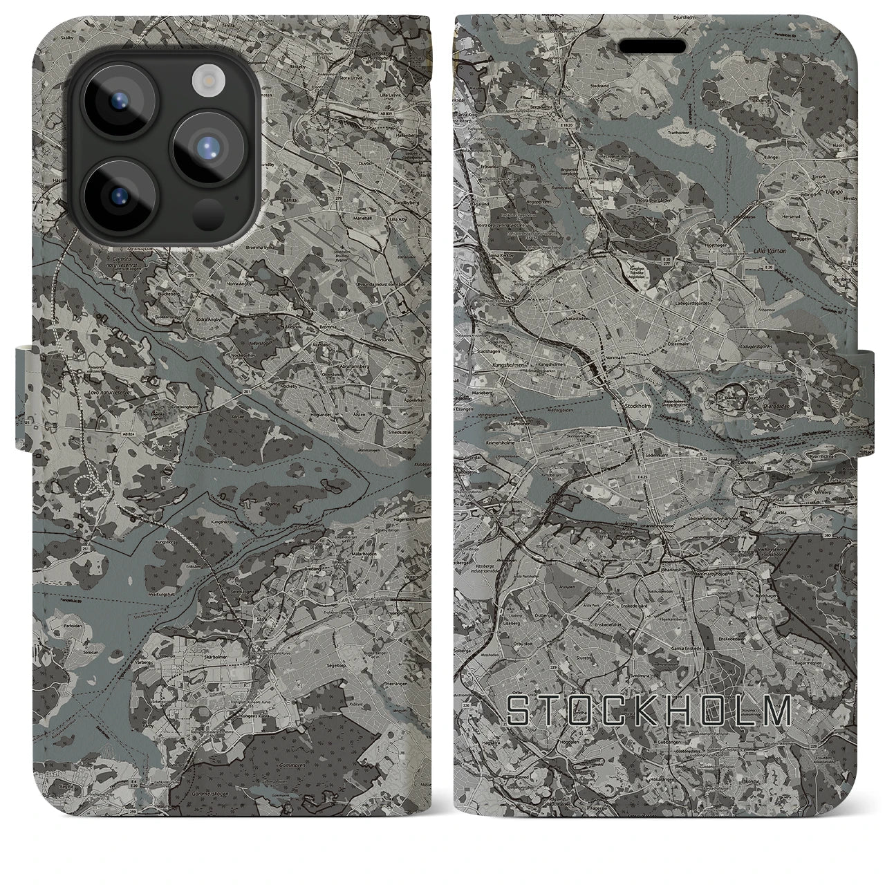 【ストックホルム(スウェーデン)】地図柄iPhoneケース(手帳タイプ)モノトーン・iPhone 15 Pro Max 用
