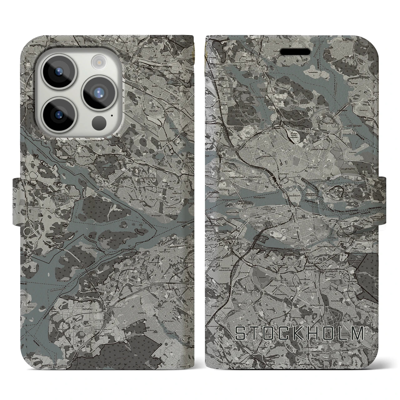 【ストックホルム(スウェーデン)】地図柄iPhoneケース(手帳タイプ)モノトーン・iPhone 15 Pro 用